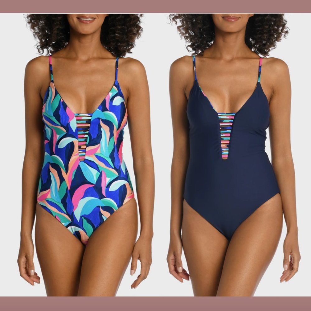 NWT $133 La Blanca [ 14 ] Painted Plunge One-Piece Swimsuit Blue Multi‎ #5745